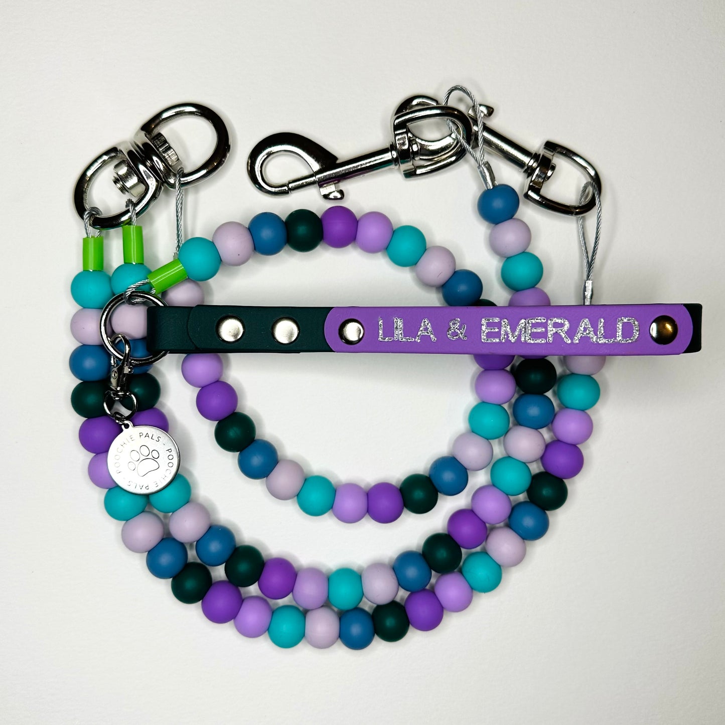 Biothane beaded splitter dog lead with custom name plate
