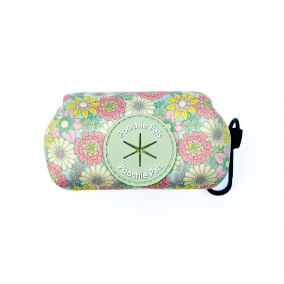 Floral-patterned pouch with 'Poochie Pals' branding on a white background