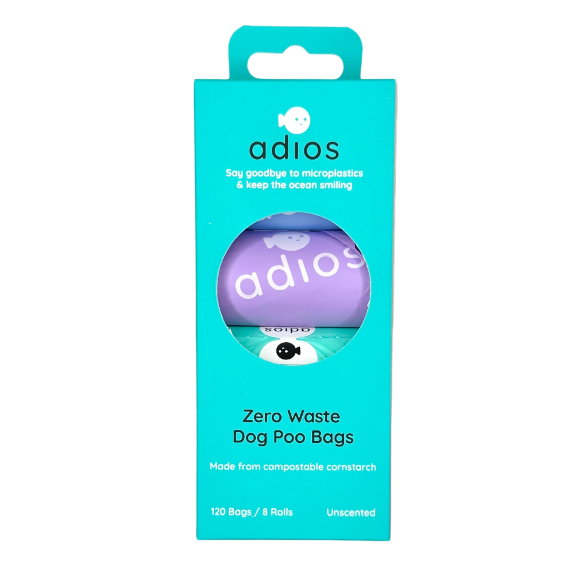 Adios zero waste dog poo bags packaging on a white background