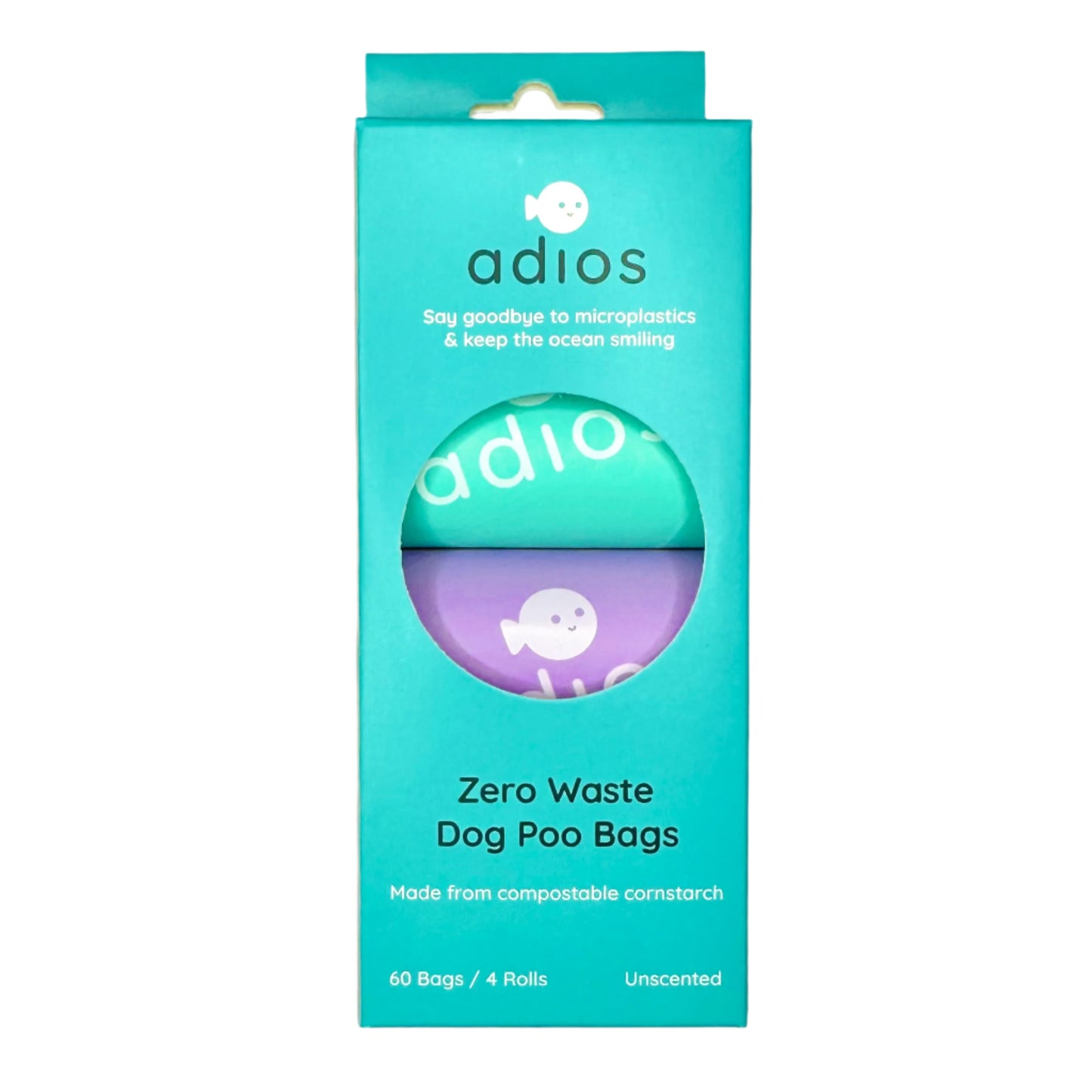 Adios zero waste dog poo bags packaging on a white background