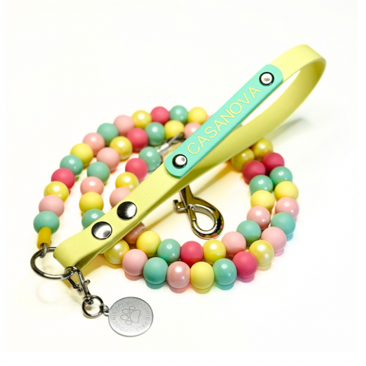 Colorful beaded dog leash with yellow handle and 'Casanova' branding on a white background