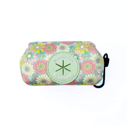 Floral-patterned pouch with 'Poochie Pals' branding on a white background